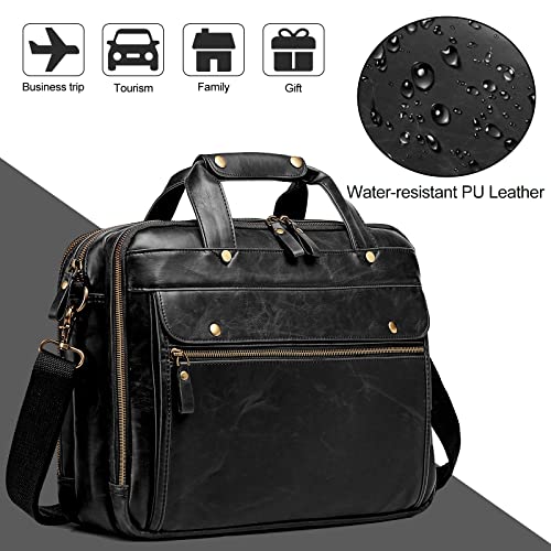 Leather Briefcases for Men 15.6 Inch Laptop Messenger Bag with Triple Compartments Water-Resistant Computer Shoulder Bag for Business, Travel, Work, Office, Black - color: Black