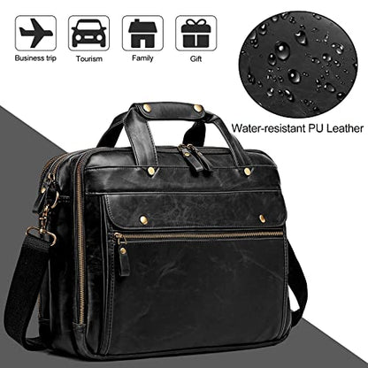 Leather Briefcases for Men 15.6 Inch Laptop Messenger Bag with Triple Compartments Water-Resistant Computer Shoulder Bag for Business, Travel, Work, Office, Black - color: Black