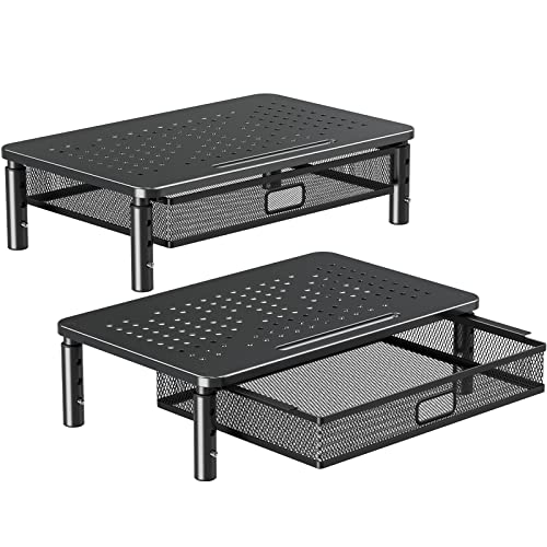 ELIVED 2 Pack Monitor Stand Riser with Metal Drawer, 3 Height Adjustable | with Larger Storage Space for Home and Office Supplies, Metal Desktop Stand for Laptop Computer Printer PC iMac