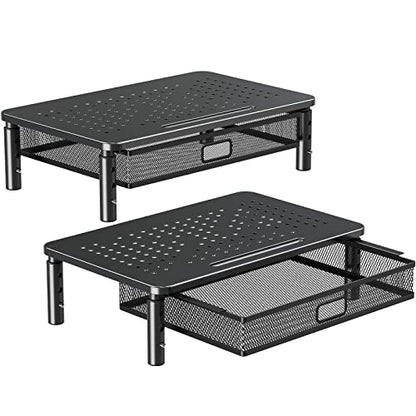 ELIVED 2 Pack Monitor Stand Riser with Metal Drawer, 3 Height Adjustable | with Larger Storage Space for Home and Office Supplies, Metal Desktop Stand for Laptop Computer Printer PC iMac
