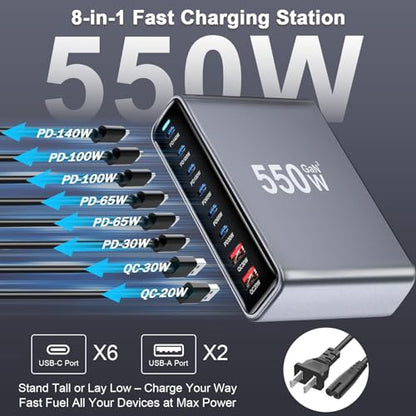 550W USB C Fast Charger Block, PD 3.1 140W USB C Charging Station, GaN Ⅲ Multi-Port PD PPS Fast Charging Station for Multiple Devices,Laptop Wall Charger Compatible with MacBook iPad iPhone 17/16 etc - size: 550W+A 240W Braided Nylon Fast Charging Cable