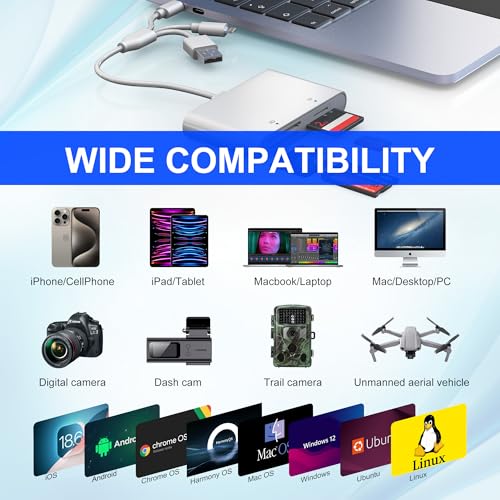 OTG Memory Stick Pro Duo Adapter, 4-in-1 USB C/Lightning/USB-A to SD/TF/XD/MS Card Reader for Sony Lexar Sandisk, Plug & Play Digital Camera Card Reader for iPhone 14/15/16/17/Android/Mac/PC/Pad