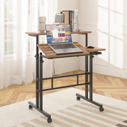 VECELO Mobile Small Standing Desk Adjustable Height, Computer Workstations with Tiltable Tabletop, Lockable Wheels, Portable Rolling Laptop Desk for Home Office, Brown - color: Brown