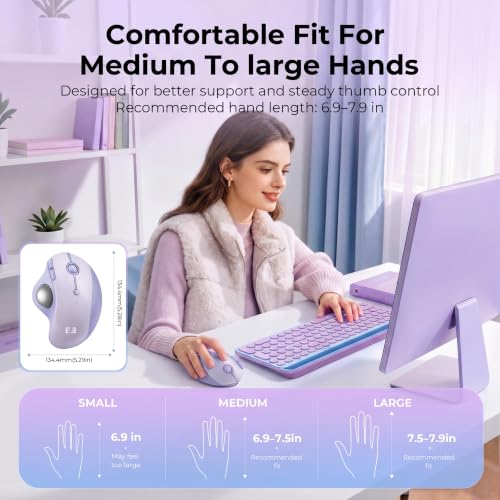 seenda Wireless Trackball Mouse, Ergonomic Bluetooth Mouse,Light Purple | USB-C rechargeable, 3-device Bluetooth+2.4G USB, thumb control, 5-level DPI and space-saving comfort for laptop, PC and Mac. - color: Light Purple