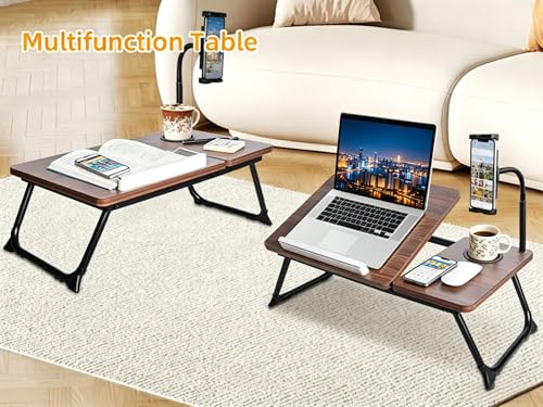 Foldable Lap Desk for Bed and Sofa, Portable Laptop Desk with Gooseneck Phone Stand, Cup Holder & Mouse Pad Extension, Extra Large Bed Desk Tray fits up to 17" Laptops (Walnut) - color: Walnut