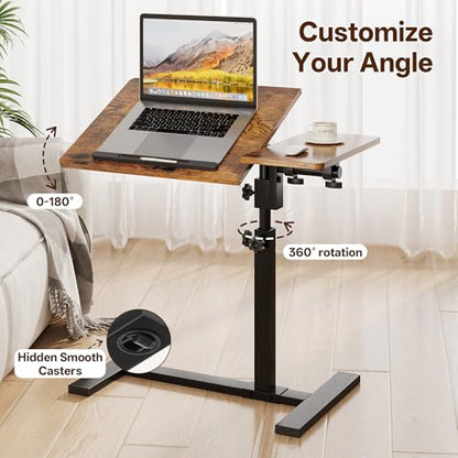 Overbed Table with Wheels Rolling, Adjustable Mobile Bedside Desk, Flip-Top, Laptop Table, C Shaped End Side Table for Couch, Sofa, Bed, Recliner and Home Use, Large Brown - color: Large Brown