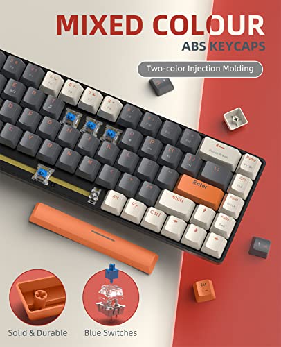 ZIYOU LANG RK68 60% Wireless Mechanical Keyboard,Bluetooth 5.0/2.4Ghz Dual Mode Receiver,Hot-Swappable mini 68-Key,Retro Color Keycaps,Clicky Blue Switch,Ultra Power Saving for PC PS4 Xbox iPhone ipad - color: Grey & Orange/Blue Switch