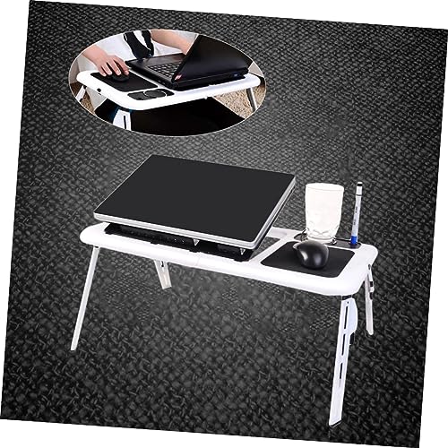 OSALADI Foldable Laptop Table with Dual Fans and Adjustable Height Ergonomic Tray for Bed Couch Desk Black White Design with Mouse Platform and Non-Slip Legs