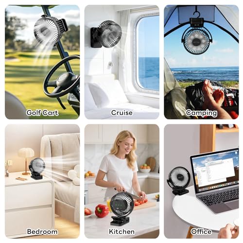 ELZO 12000mAh Clip on Fan, USB Desk Fan Rechargeable with LED Light & Hanging Hook & Magnetic (Black)
