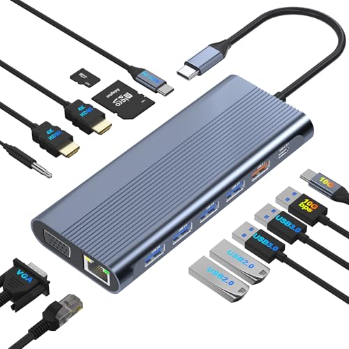 USB C Docking Station Dual Monitor for Dell/HP/Lenovo/Mac Laptop, Dual HDMI Adapter for 2 Monitors, 14 in 1 Laptop Docking Station Dual Monitor with 10Gbps USB/HDMI/VGA/PD/Ethernet/SD/TF/Audio/Mic - style: 14 IN 1