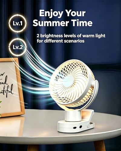 Clip On Fan, Rechargeable Battery Operated Fan with 360° Auto Oscillation, Portable USB Table Fan with Remote, LED Light & Hook, 6-22H Quiet Desk Fan for Stroller, Camping, Office, White
