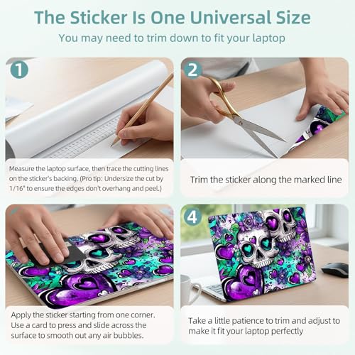 Universal Laptop Skin Decal, 3-Piece Vinyl Protector for 12 13 14 15.6" Notebook, Waterproof Anti-Scratch, Easy Trim & Bubble-Free Finish, Skull with Purple Flowers - color: Skull with Purple Flowers