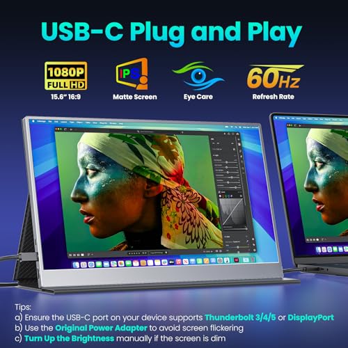 Upperizon Portable Monitor 15.6 inch FHD 85% sRGB 60Hz HDR HDMI USB-C Travel Monitor for Laptop MacBook PC Surface PS5 Xbox, External Display with Cover & Speakers, VESA Compatible - size: 15.6 inch