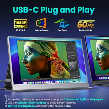 Upperizon Portable Monitor 15.6 inch FHD 85% sRGB 60Hz HDR HDMI USB-C Travel Monitor for Laptop MacBook PC Surface PS5 Xbox, External Display with Cover & Speakers, VESA Compatible - size: 15.6 inch