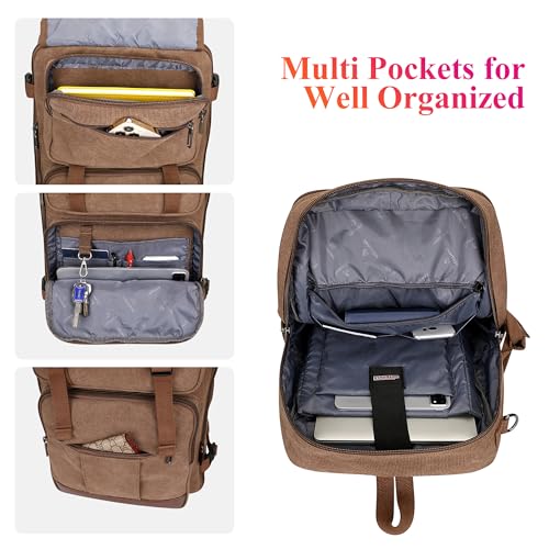 WITZMAN Canvas Travel Backpack for Men Large Laptop Backpack Fits 16 Inch | Expandable 32L to 42L, Carry-on Airline Approved Convertible Shoulder Rucksack, For Vacation, Overnight Trip, A6617 Brown - color: Brown