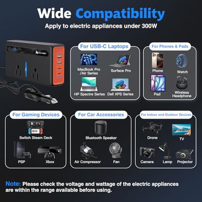 RoyPow 300W Car Power Inverter, DC 12V to 110V AC Power Inverter with Cigarette Lighter Port, Car Plug Adapter Outlet with 3.4A USB-A, QC3.0 24W, PD 30W, PD 36W, Dual AC Outlets, Car Charger Adapter