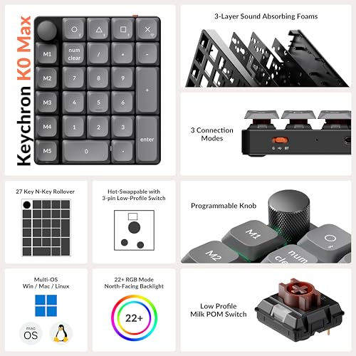 Keychron K0 Max Wireless Low-Profile Number Pad, QMK/VIA Programmable, Hot-Swappable Brown Switch, RGB Backlit, 2.4GHz & Bluetooth 5.3, 1000Hz Polling Rate, with Knob, for Windows/Mac - color: Brown Switch, size: Black