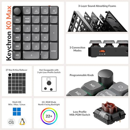 Keychron K0 Max Wireless Low-Profile Number Pad, QMK/VIA Programmable, Hot-Swappable Brown Switch, RGB Backlit, 2.4GHz & Bluetooth 5.3, 1000Hz Polling Rate, with Knob, for Windows/Mac - color: Brown Switch, size: Black