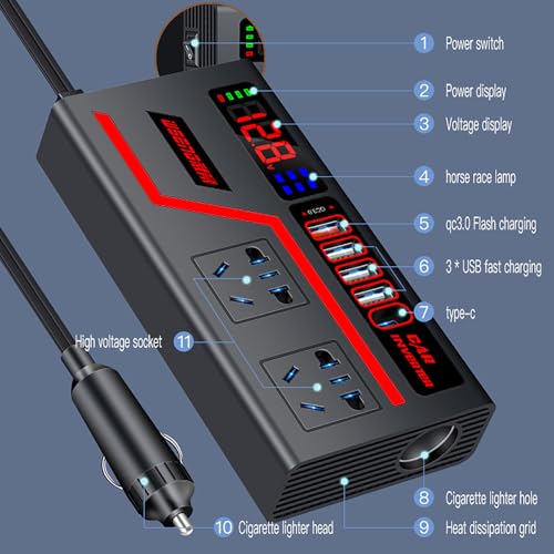 Car Charger Inverter – Vehicle Power Adapter Plug Outlet | Multi-Function Truck Converter | 12V 24V to 110V 220V Charging Port | for Cars Buses Laptops RVs and Roadside Use