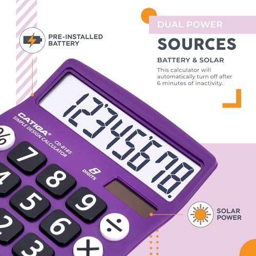 CATIGA Desktop Calculator 8 Digit with Solar Power and LCD Display, or Home, Office, School, Class and Business, 4 Function Small Basic - color: Violet