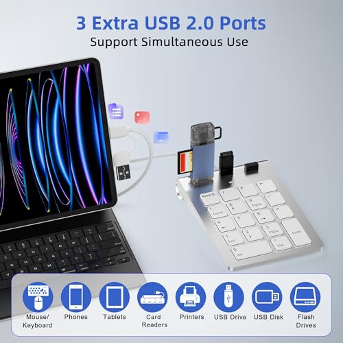 Wired Numeric Keypad with USB-C & USB-A – 18 Keys Number Pad, Built-in 3-Port USB 2.0 Hub, 15° Ergonomic Numpad for Laptop, Desktop, Surface, iPad – Plug & Play for Windows, macOS, Chrome OS