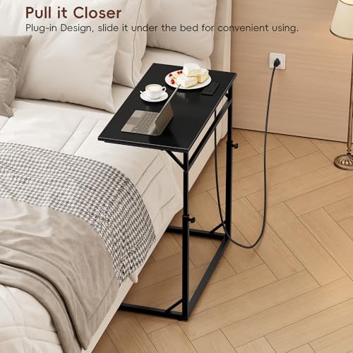 C Shaped End Table with Charging Station, C-Table End Table Adjustable Height Side Table for Couch, Large Couch Tables,Slide Under Sofa Tables TV Tray Arm Tables for Living Room,Bedroom,Black - color: Black, style: With Plug