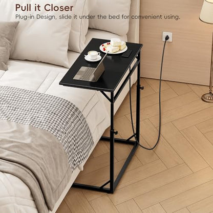 C Shaped End Table with Charging Station, C-Table End Table Adjustable Height Side Table for Couch, Large Couch Tables,Slide Under Sofa Tables TV Tray Arm Tables for Living Room,Bedroom,Black - color: Black, style: With Plug