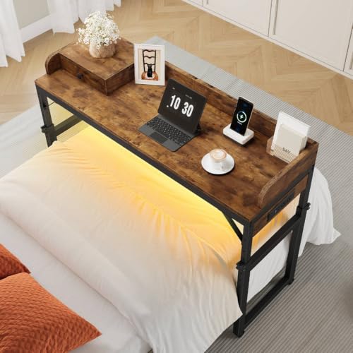 HOOBRO Overbed Table with Wheels, Rolling Table with Outlets & Light Strip for Queen Bed, Mobile Bed Desk & Drawer and Adjustable Height, Giant Computer Desk for Living Room, Rustic Brown BF125UDDN01 - color: Rustic Brown + Black, size: 47.2"L x 15.3"W x