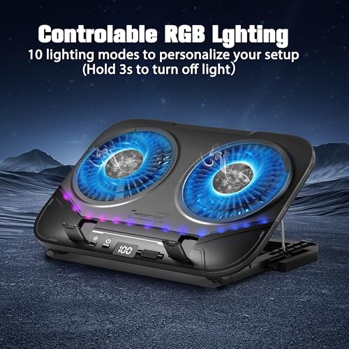 Dual-Core TEC Laptop Cooling Pad with Dual Stepless-Quiet Fans, 5-Height Adjustable Laptop Cooling Stand, 10-Level RGB for 13-17 Inch Laptops, Includes 15W Charger, Smoky Black