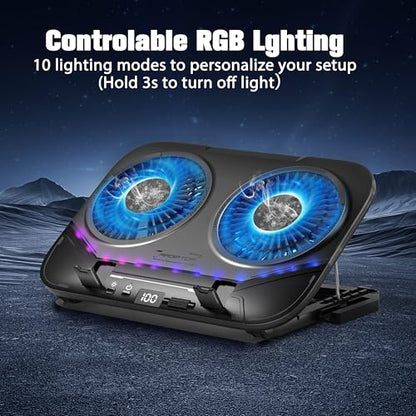 Dual-Core TEC Laptop Cooling Pad with Dual Stepless-Quiet Fans, 5-Height Adjustable Laptop Cooling Stand, 10-Level RGB for 13-17 Inch Laptops, Includes 15W Charger, Smoky Black