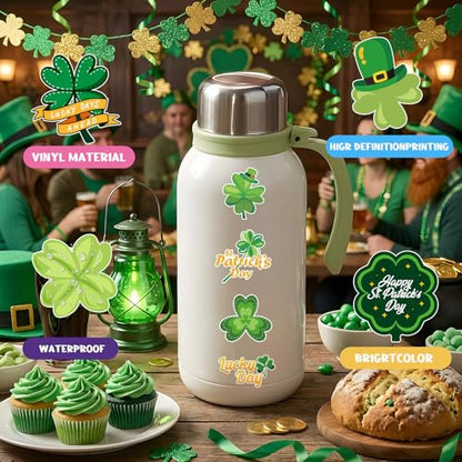 Xzentira 100 PCS St Patricks Day Stickers Vinyl Waterproof Shamrock Stickers Irish Sticker for St Patricks Decorations Party Supplies Water Bottle Laptop Crafts Windows - style: Shamrock