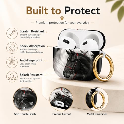 Compatible with AirPod 4 Case 2024, Cute Hard Plastic Protective Cover for Airpod 4th Generation Women, Shockproof Shell Skin with Gold Ring Keychain,Black White Horses - color: Black White Horses