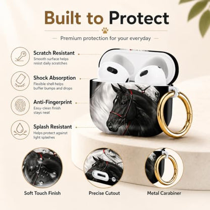 Compatible with AirPod 4 Case 2024, Cute Hard Plastic Protective Cover for Airpod 4th Generation Women, Shockproof Shell Skin with Gold Ring Keychain,Black White Horses - color: Black White Horses