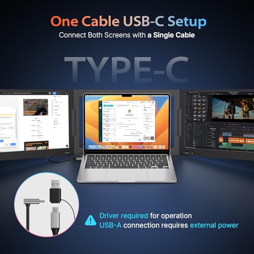 QQH Laptop Screen Extender, 15.6" One Cable Triple Laptop Monitor Extender | Plug and Play Triple Screen Monitor, Dual Portable Monitor for MacOS, Windows, Android, 12"-16" Laptops (Driver Required) - color: Black
