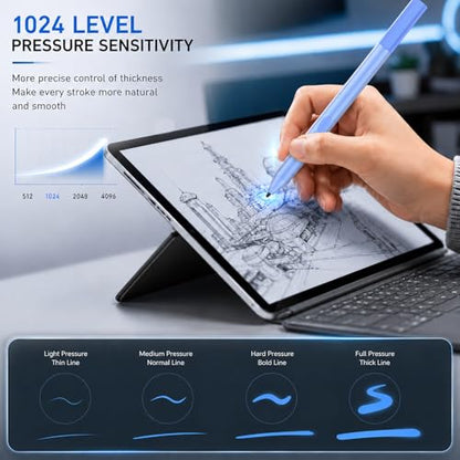 Active Pen for Surface Pro 11/10/9/8/X, Laptop, Book - 2500H Battery | MPP Stylus for Surface Go, Studio, Kobo HP ASUS, Palm Rejection, 1024 Pressurel for Students Artists Drawing Note-Taking - color: Azure