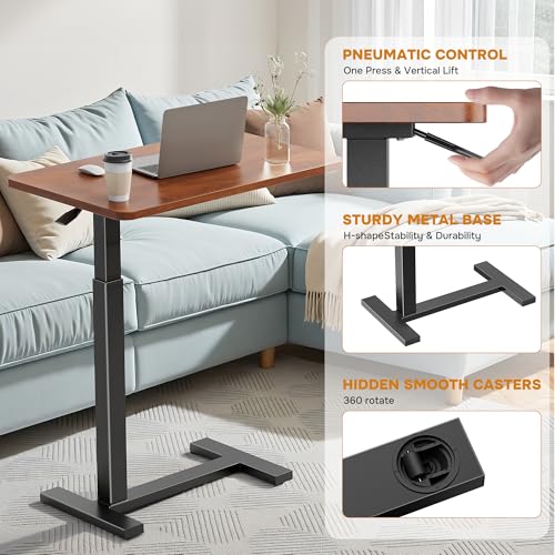 Adjustable Overbed Bedside Table with Wheels, Pneumatic Adjustable Hospital & Home Use Bed Table, Rolling Laptop Table, Mobile Standing Desk, Brown - color: Brown, style: Non-Tiltable