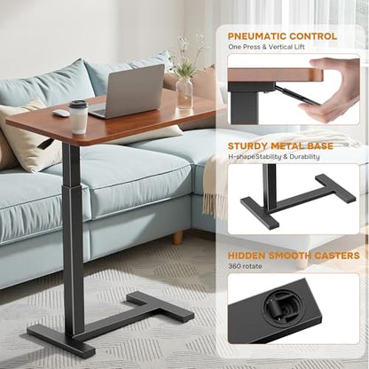 Adjustable Overbed Bedside Table with Wheels, Pneumatic Adjustable Hospital & Home Use Bed Table, Rolling Laptop Table, Mobile Standing Desk, Brown - color: Brown, style: Non-Tiltable