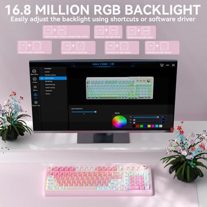 Aula F3099 Wireless Keyboard with Media Knob, Tri-Mode BT5.0/2.4GHz/USB-C Cute Creamy Keyboard with Number Pad, RGB Backlit Gaming Keyboard, Quiet Typing Pink Computer Keyboards for Office Laptop/PC - color: White & Pink