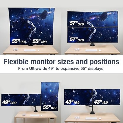 AVLT Dual Monitor Arm 57" Pole Top Mount with USB-C & A – Black | Heavy-duty Stacking arm; Height Adjustable; Top C-clamp/Grommet w/ Reinforcement Plates; VESA 200/100/75mm. - color: Black