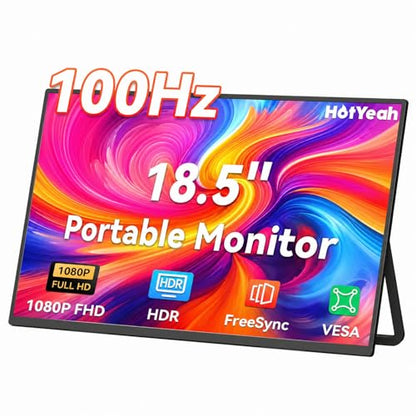 HotYeah Portable Monitor, 18.5" 1080P 100Hz 125% sRGB Travel Laptop Monitor | USB-C HDMI External Computer Display HDR FreeSync w/ Kickstand Speaker, 2nd Screen for Laptop PC Mac Phone Tablet Switch PS5 - size: 18.5-in