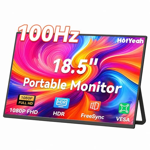 HotYeah Portable Monitor, 18.5" 1080P 100Hz 125% sRGB Travel Laptop Monitor | USB-C HDMI External Computer Display HDR FreeSync w/ Kickstand Speaker, 2nd Screen for Laptop PC Mac Phone Tablet Switch PS5 - size: 18.5-in