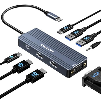 USB C Docking Station Dual HDMI Monitor Adapter 8-in-1 USB C HUB 3 Monitors Adapter with 4K HDMI +VGA +PD100W+Audio Laptop Docking Station for Dell/Lenovo/HP/Samsung/ASUS (Gary) - color: Gray