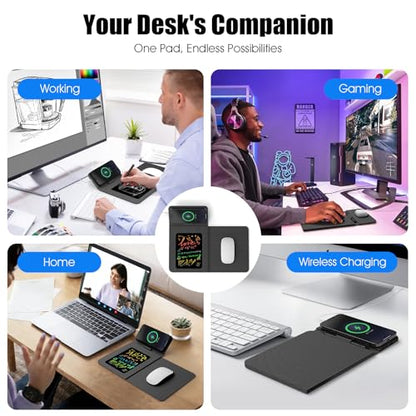 Foldable Wireless Charging Mouse Pad with Writing Tablet,15W Qi Magnetic Fast Charging Travel Mouse Pad,Multi-Functional PU Leather Mat Charging Pad for iPhone Samsung iWatch,Office Home Accessories - color: Black