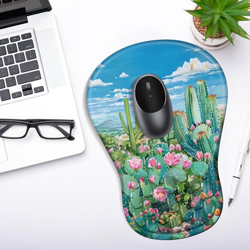 YIWEI Ergonomic Mouse Pad with Wrist Rest for Carpal Tunnel Pain Relief | Memory Foam Wrist Support,Non-Slip Rubber Base, Keyboard Computer Mousepad,Lycra Cloth Surface,Gaming Home Office - color: Cactus
