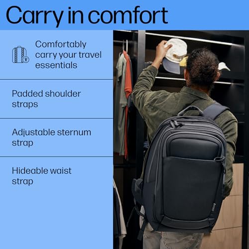 HP 17-Inch Laptop Backpack Travel Plus 30L, Water-Resistant 750D Recycled Plastic, RFID-Blocking Pocket, Anti-Puncture Zippers, Key Fob, Polyester, Blue Graphite, A2CC9AA