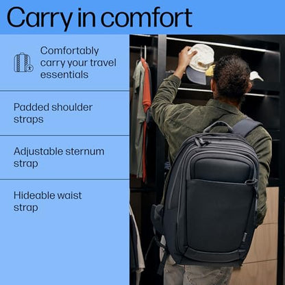 HP 17-Inch Laptop Backpack Travel Plus 30L, Water-Resistant 750D Recycled Plastic, RFID-Blocking Pocket, Anti-Puncture Zippers, Key Fob, Polyester, Blue Graphite, A2CC9AA