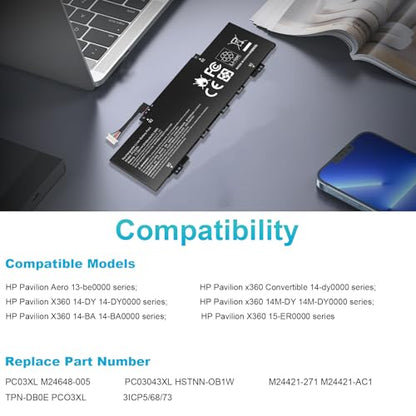 PC03XL Battery for HP Pavilion X360 14 15 14-DY 14-DH 14M-DY 14-BA 14-CD 14-EK 14-DW 15-ER Pavilion Aero 13-be Pavilion x360 Convertible 14-DY, HSTNN-OB1W M24421-271 M24421-AC1 PC03043XL M24648-005 - size: 9.5*3.2*0.2inch PC03XL