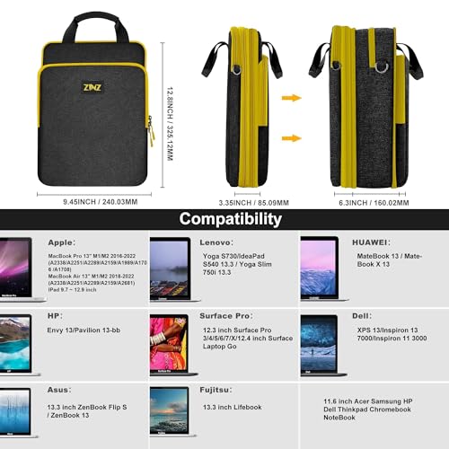Laptop Shoulder Bag 12.3-13 inch Case Sleeve, Expandable Handbag with Valuables Compartment Compatible with MacBook Air/Pro/Neo 13", iPad 12.9"/13"/11", Shockproof,Black-Yellow edge - color: Black-yellow Edge