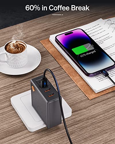 SlimQ 100W GaN USB-C Charger, 4-Port, with 5ft Extension Cable, No-Reset - color: Grey+Cable