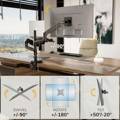 Mount-It! Proflex Series Premium Monitor and Laptop Mount with Pole, Gas Spring Arm, Supports 17–49" Ultrawide Monitors & 11.6–17.3" Laptops up to 44 lbs, USB 3.0 & USB-C, Full Motion